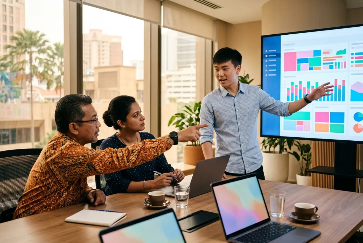 A sprint demo: a developer presents a dashboard on a wall screen while two clients point at it
