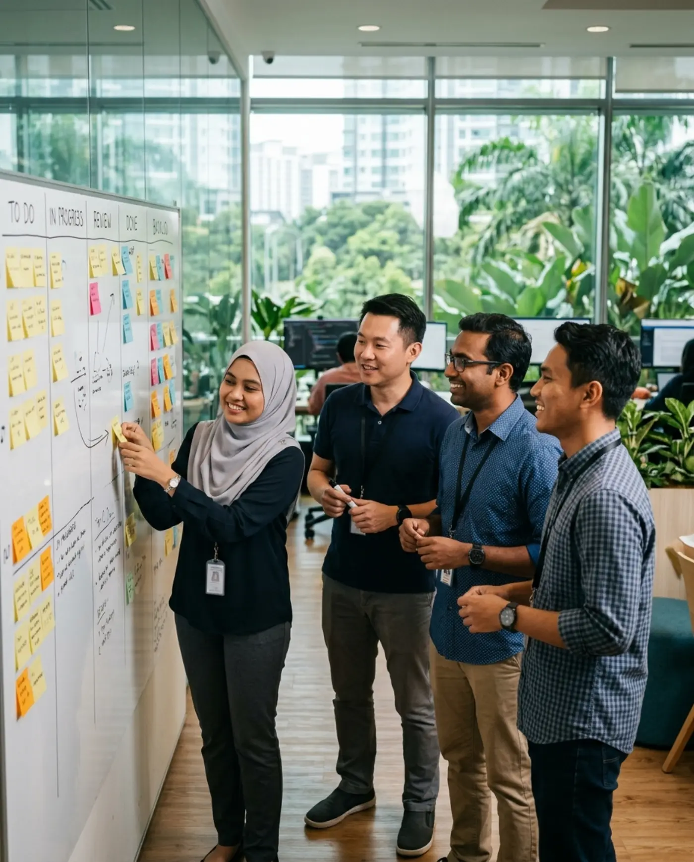 Four ByteCraft developers at a whiteboard of sticky notes, one moving a ticket across