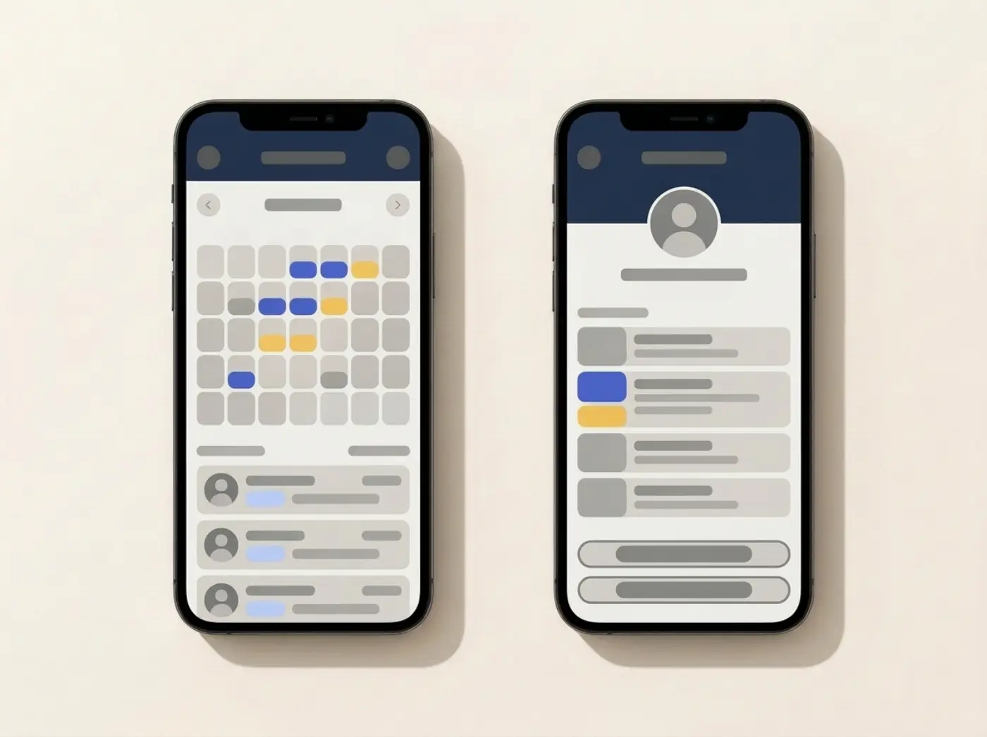 Two phones showing a clinic booking calendar