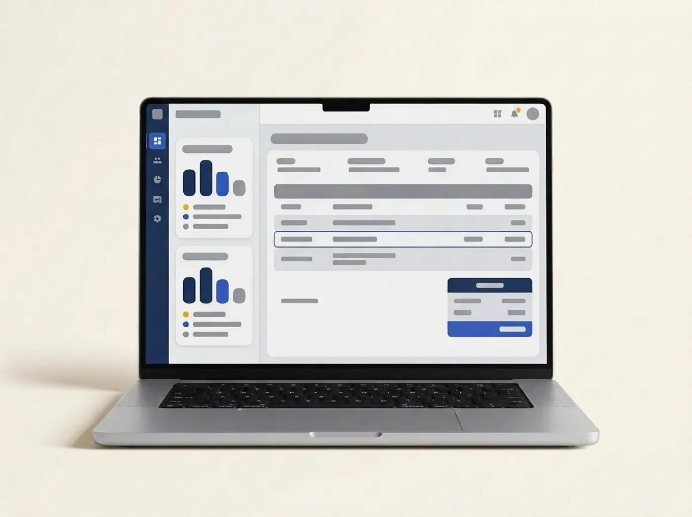 Laptop showing an invoice screen with a table and stock panel