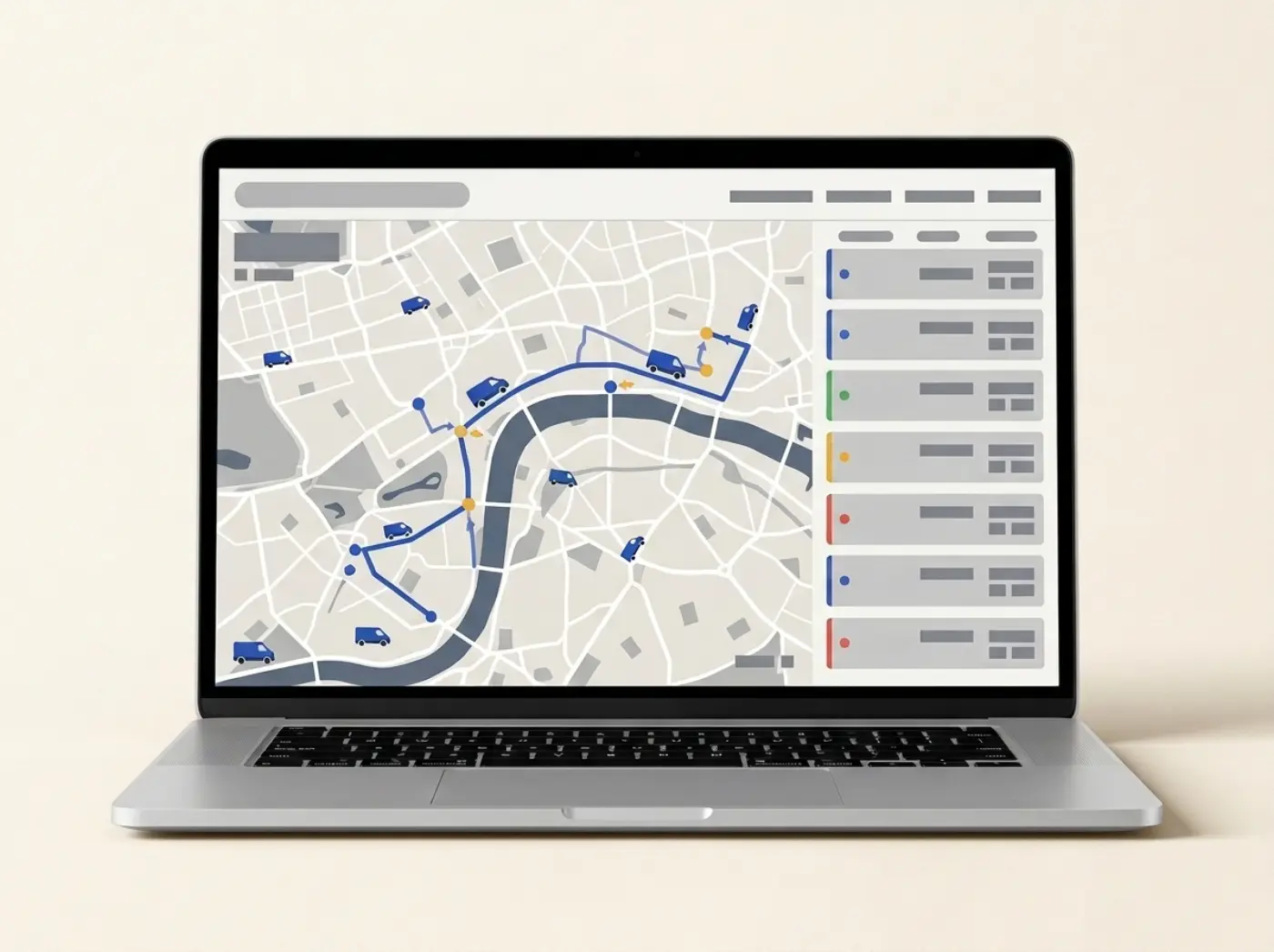Laptop showing a fleet tracking map with van markers and a route line