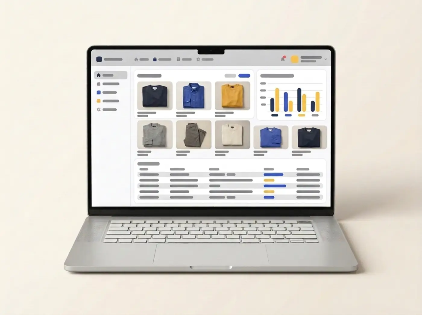 Laptop showing an online store admin with product tiles and a stock chart