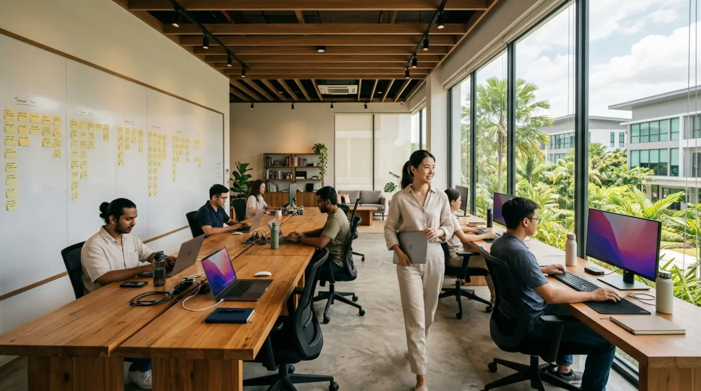 A bright studio with long timber desks, a wall of sticky notes and tall windows onto trees