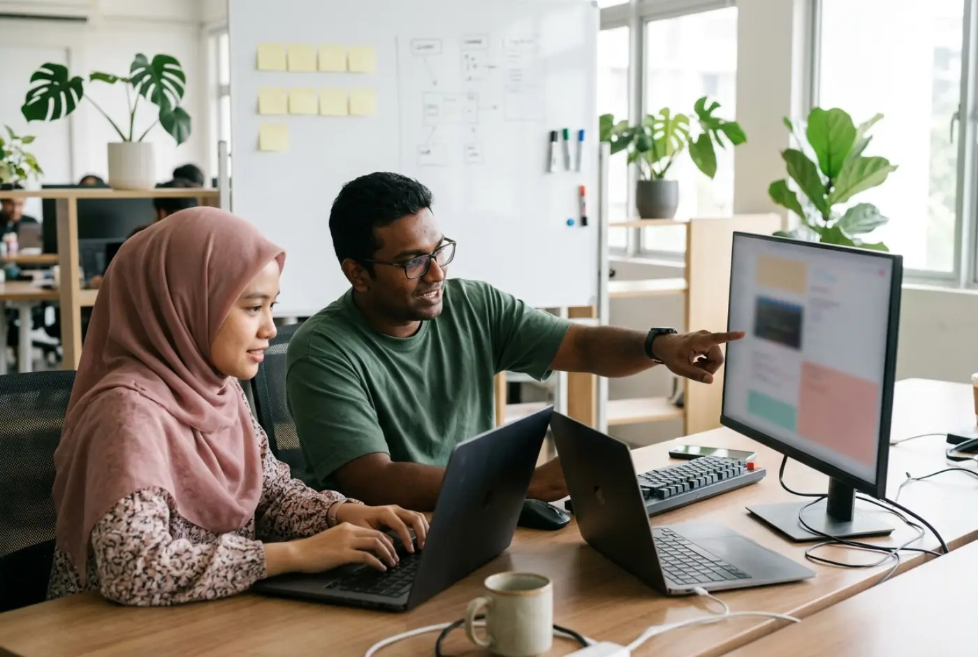 Two developers pair programming, one typing on a laptop while the other points at a monitor
